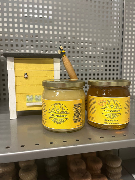 Flytande och klassisk honung på hylla med mini-bikupa och honungssked